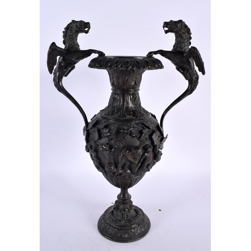 373 - A LARGE 19TH CENTURY TWIN HANDLED BRONZE GRAND TOUR VASE decorated in relief with figures, the handl... 