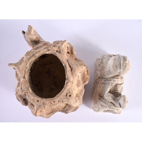 374 - AN UNUSUAL EARLY CONTINENTAL TERRACOTTA OIL LAMP After the Antiquity, together with a carved early l... 