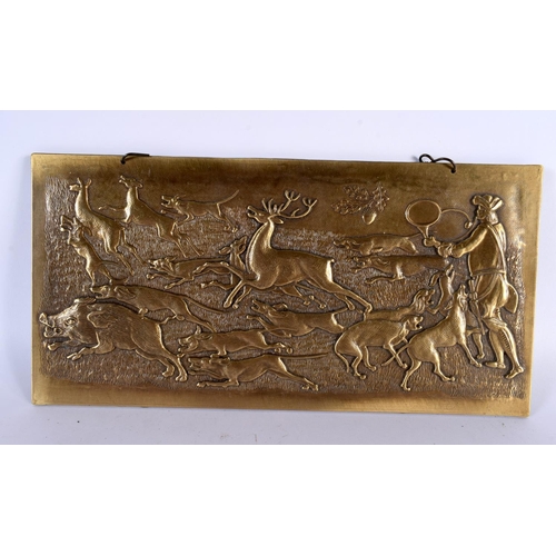 377 - A 19TH CENTURY GERMAN BAVARIAN RECTANGULAR BRONZE HUNTING PLAQUE depicting figures and animals withi... 