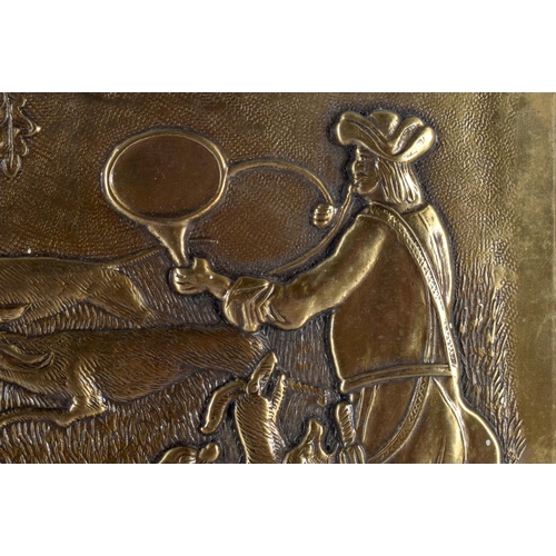 377 - A 19TH CENTURY GERMAN BAVARIAN RECTANGULAR BRONZE HUNTING PLAQUE depicting figures and animals withi... 