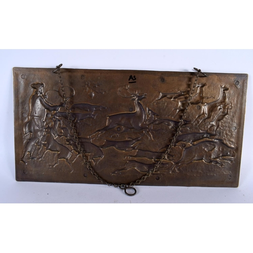 377 - A 19TH CENTURY GERMAN BAVARIAN RECTANGULAR BRONZE HUNTING PLAQUE depicting figures and animals withi... 