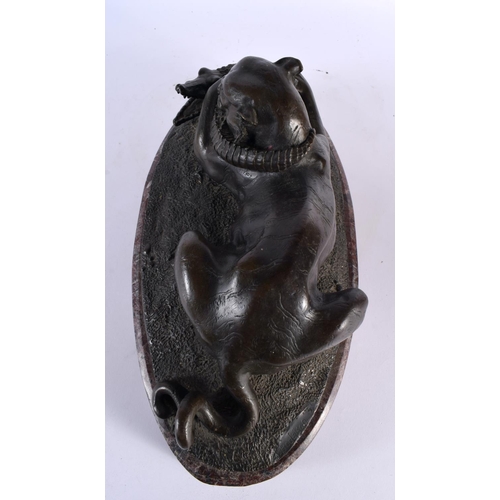 378 - A FRENCH BRONZE AND MARBLE STUDY OF A LEOPARD modelled attacking a crocodile, upon a red marble base... 