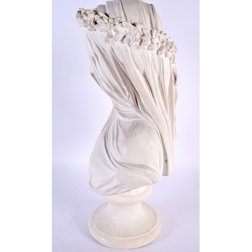 38 - A LARGE EARLY 20TH CENTURY EUROPEAN PLASTER FIGURE OF A VEILED FEMALE modelled upon a pedestal. 38 c... 