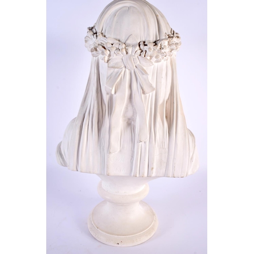 38 - A LARGE EARLY 20TH CENTURY EUROPEAN PLASTER FIGURE OF A VEILED FEMALE modelled upon a pedestal. 38 c... 