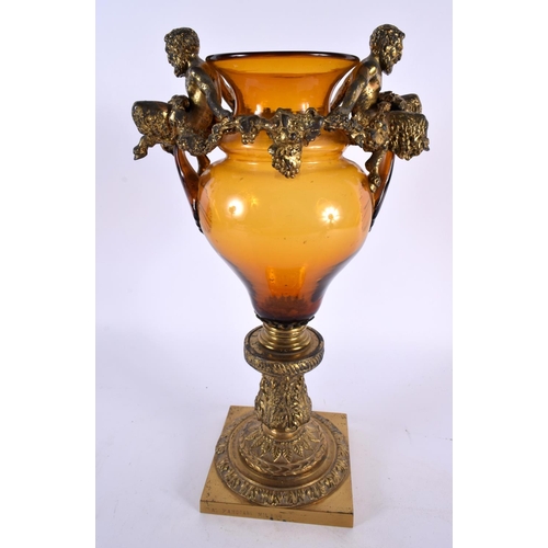 381 - A LOVELY 19TH CENTURY ITALIAN GILT BRONZE MOUNTED AMBER GLASS VASE by Antonio Pandiani (1838-1928) m... 