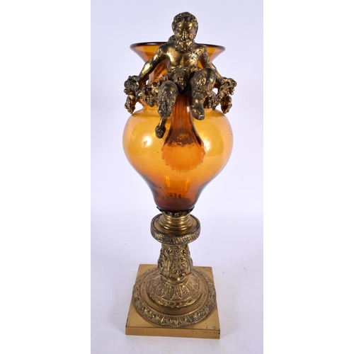 381 - A LOVELY 19TH CENTURY ITALIAN GILT BRONZE MOUNTED AMBER GLASS VASE by Antonio Pandiani (1838-1928) m... 