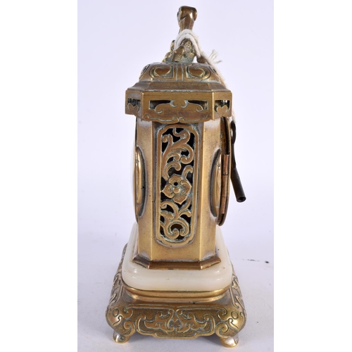 382 - A 19TH CENTURY FRENCH AESTHETIC BRONZE AND MARBLE MANTEL CLOCK modelled in the Japanese manner. 18cm... 