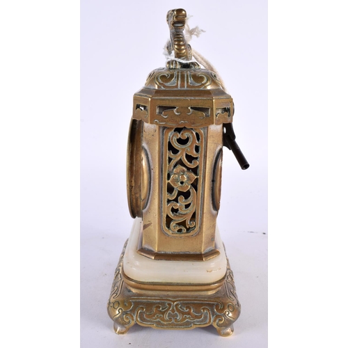 382 - A 19TH CENTURY FRENCH AESTHETIC BRONZE AND MARBLE MANTEL CLOCK modelled in the Japanese manner. 18cm... 