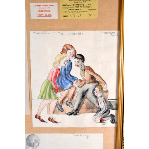 384 - A CHARMING 1940S WATERCOLOUR AND SKETCH PANEL depicting children playing sports. 52 cm x 34 cm.