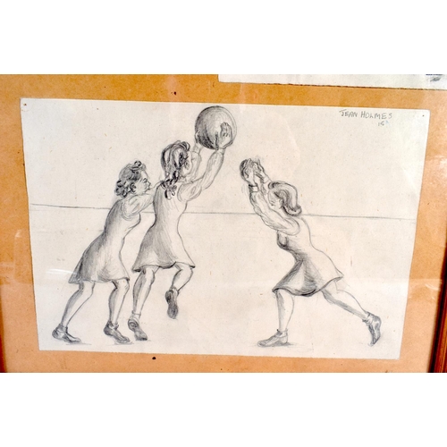 384 - A CHARMING 1940S WATERCOLOUR AND SKETCH PANEL depicting children playing sports. 52 cm x 34 cm.