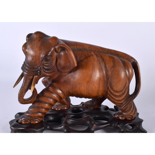 395 - THREE 19TH CENTURY CHINESE CARVED HARDWOOD WOOLLY MAMMOTH ELEPHANTS Qing. Largest 27 cm x 22cm. (3)