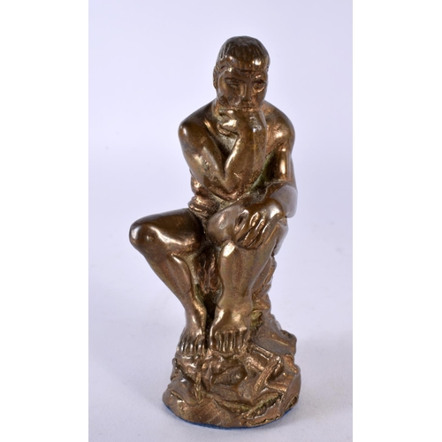 407 - A SMALL EARLY 20TH CENTURY EUROPEAN GRAND TOUR BRONZE FIGURE OF THE THINKER together with a patinate... 