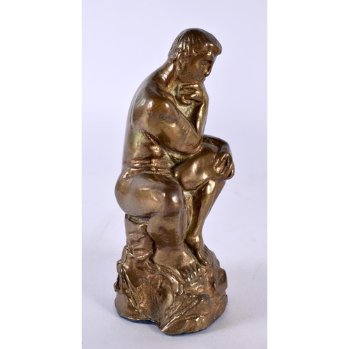 407 - A SMALL EARLY 20TH CENTURY EUROPEAN GRAND TOUR BRONZE FIGURE OF THE THINKER together with a patinate... 