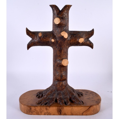 409 - AN UNUSUAL CONTEMPORARY CARVED BURR WALNUT CRUCIFIX signed and numbered. 30cm x 22cm.