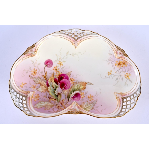 41 - AN UNUSUAL PAIR OF ROYAL WORCESTER RETICULATED STRAWBERRY DISHES painted and gilded with fruiting vi... 