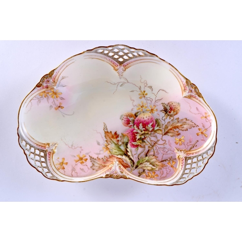 41 - AN UNUSUAL PAIR OF ROYAL WORCESTER RETICULATED STRAWBERRY DISHES painted and gilded with fruiting vi... 