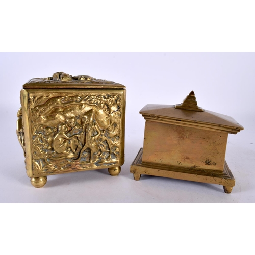 410 - TWO 18TH/19TH CENTURY BRONZE TOBACCO BOXES AND COVERS one decorated with monkeys and landscapes. Lar... 