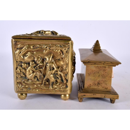 410 - TWO 18TH/19TH CENTURY BRONZE TOBACCO BOXES AND COVERS one decorated with monkeys and landscapes. Lar... 