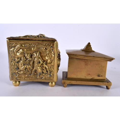 410 - TWO 18TH/19TH CENTURY BRONZE TOBACCO BOXES AND COVERS one decorated with monkeys and landscapes. Lar... 