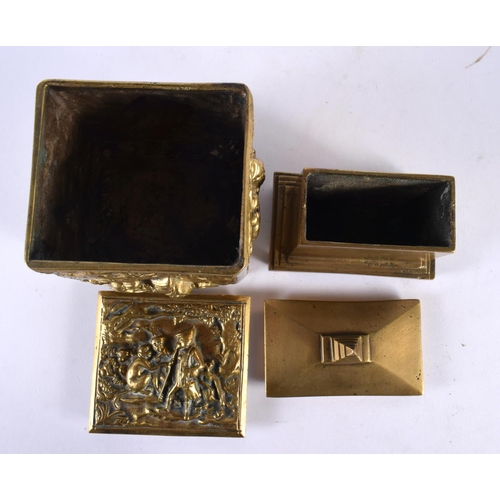 410 - TWO 18TH/19TH CENTURY BRONZE TOBACCO BOXES AND COVERS one decorated with monkeys and landscapes. Lar... 