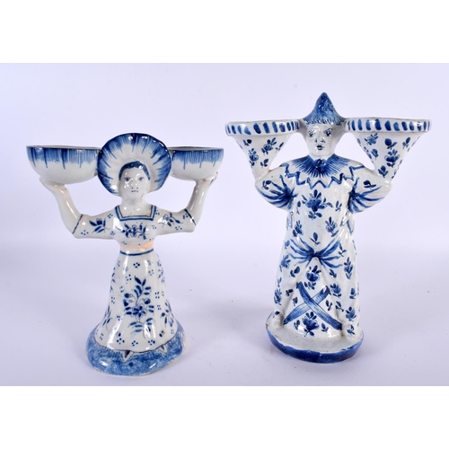 42 - AN ANTIQUE DELFT BLUE AND WHITE TIN GLAZED POTTERY DOUBLE TABLE SALT together with another similar f... 