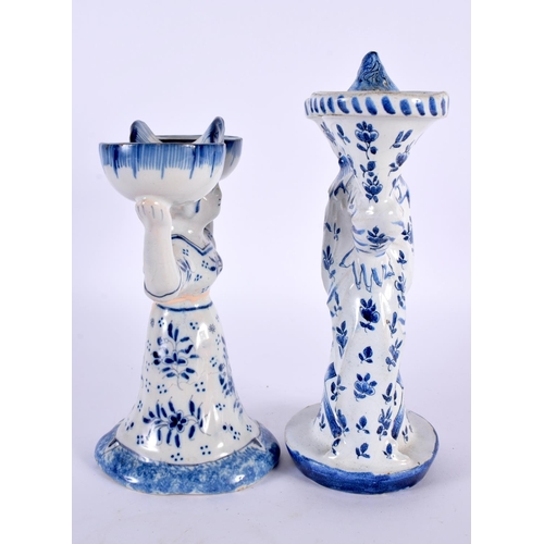 42 - AN ANTIQUE DELFT BLUE AND WHITE TIN GLAZED POTTERY DOUBLE TABLE SALT together with another similar f... 