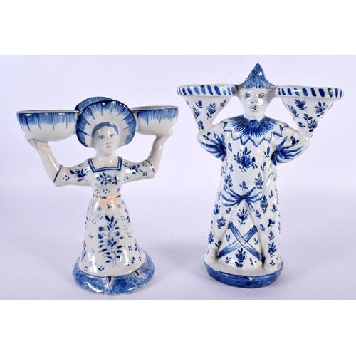 42 - AN ANTIQUE DELFT BLUE AND WHITE TIN GLAZED POTTERY DOUBLE TABLE SALT together with another similar f... 