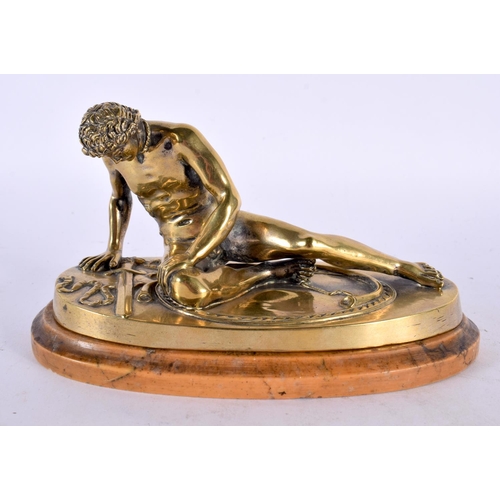 422 - A 19TH CENTURY EUROPEAN BRONZE FIGURE OF THE DYING GAUL modelled upon a sienna marble base. 18cm x 1... 