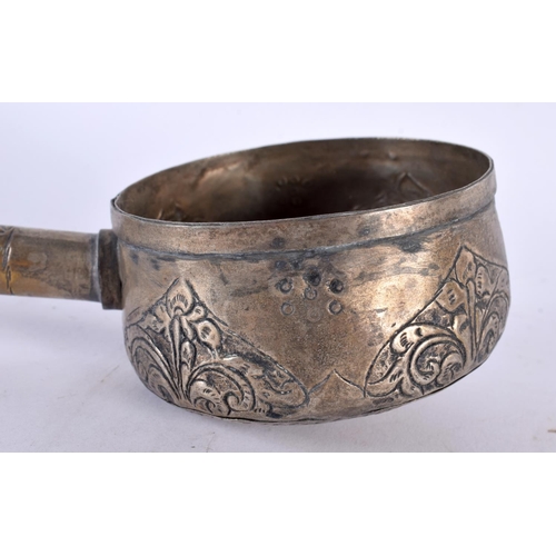 423 - THREE 19TH CENTURY INDIAN MIDDLE EASTERN SILVER LADLES decorated with motifs and foliage. 370 grams.... 