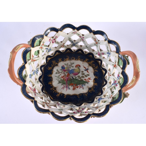 43 - A RARE 18TH CENTURY WORCESTER TWIN HANDLED BLUE SCALE CHESTNUT BASKET painted in the manner of Giles... 