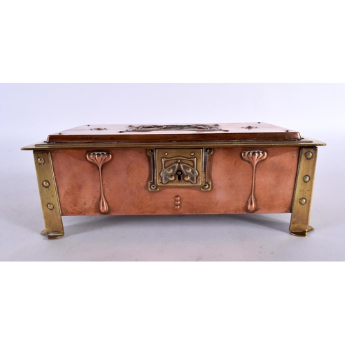 433 - A LOVELY ARTS AND CRAFTS NOUVEAU ENAMEL COPPER AND BRASS CASKET of elegant form, inset with a rainbo... 