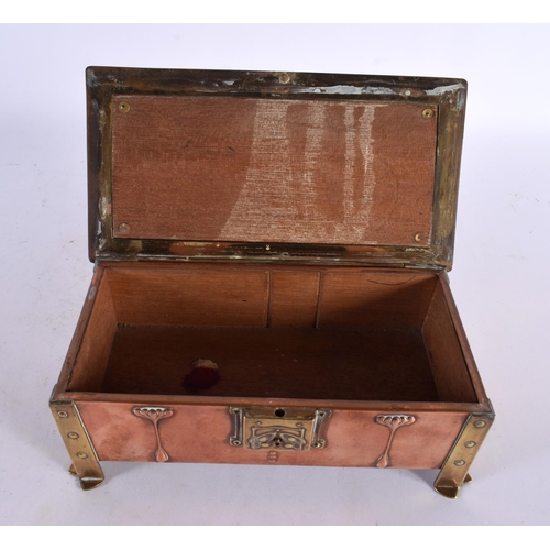 433 - A LOVELY ARTS AND CRAFTS NOUVEAU ENAMEL COPPER AND BRASS CASKET of elegant form, inset with a rainbo... 