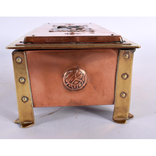 433 - A LOVELY ARTS AND CRAFTS NOUVEAU ENAMEL COPPER AND BRASS CASKET of elegant form, inset with a rainbo... 