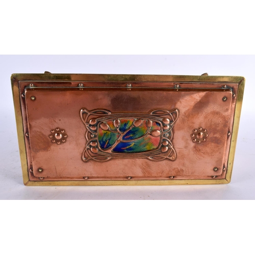 433 - A LOVELY ARTS AND CRAFTS NOUVEAU ENAMEL COPPER AND BRASS CASKET of elegant form, inset with a rainbo... 