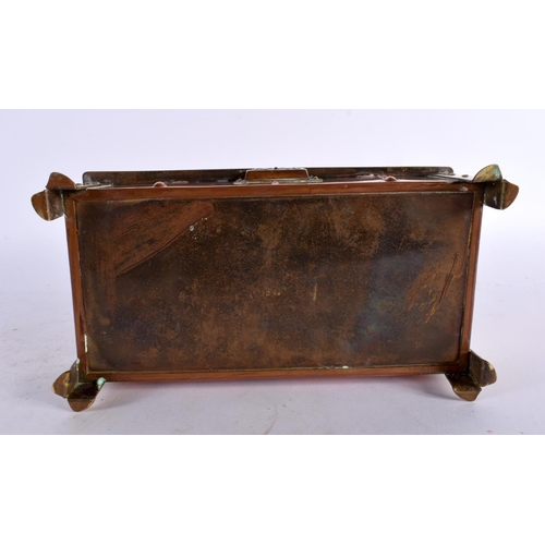 433 - A LOVELY ARTS AND CRAFTS NOUVEAU ENAMEL COPPER AND BRASS CASKET of elegant form, inset with a rainbo... 