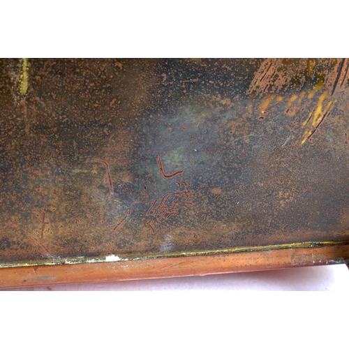 433 - A LOVELY ARTS AND CRAFTS NOUVEAU ENAMEL COPPER AND BRASS CASKET of elegant form, inset with a rainbo... 