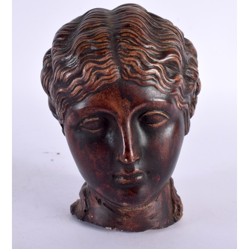 436 - A 19TH CENTURY EUROPEAN GRAND TOUR PAINTED POTTERY HEAD OF A FEMALE After the Antiquity. 12 cm x 7cm... 