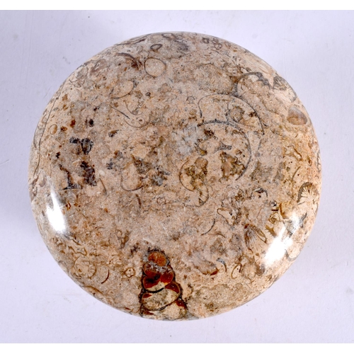 439 - AN UNUSUAL FOSSILSED STONE BOWL AND COVER together with a similar dish & Middle Eastern stone idol. ... 