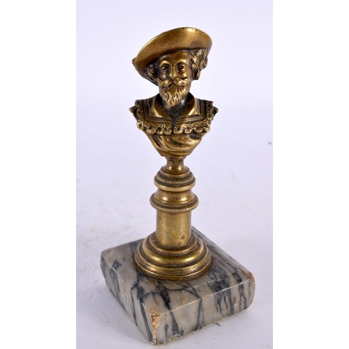 443 - A SMALL 19TH CENTURY EUROPEAN GILT BRONZE GRAND TOUR PEDESTAL FIGURE modelled as a bearded male. 14c... 