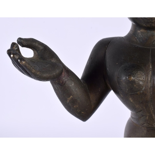 445 - A LOVELY 18TH CENTURY INDIAN BRONZE FIGURE OF A STANDING DEITY modelled nude with one hand raised. 2... 