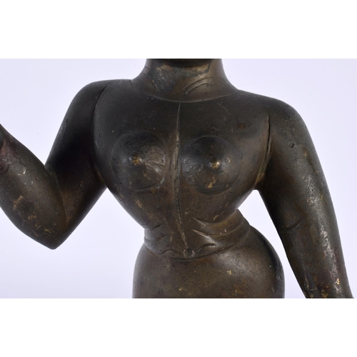 445 - A LOVELY 18TH CENTURY INDIAN BRONZE FIGURE OF A STANDING DEITY modelled nude with one hand raised. 2... 