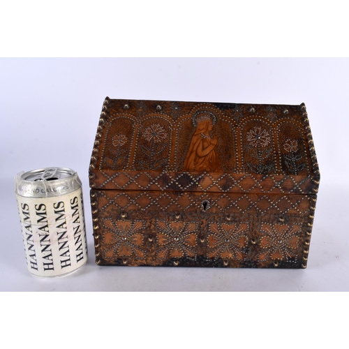 447 - A LOVELY 19TH CENTURY ARTS AND CRAFTS LEATHER WOOD AND STUD WORK CASKET decorated with Religious fig... 