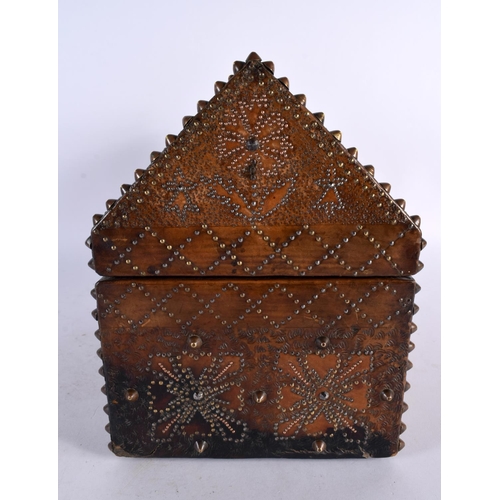 447 - A LOVELY 19TH CENTURY ARTS AND CRAFTS LEATHER WOOD AND STUD WORK CASKET decorated with Religious fig... 