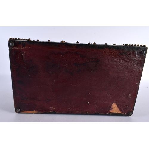 447 - A LOVELY 19TH CENTURY ARTS AND CRAFTS LEATHER WOOD AND STUD WORK CASKET decorated with Religious fig... 