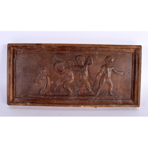 448 - A 19TH CENTURY EUROPEAN CARVED RECTANGULAR TERRACOTTA PANEL depicting four putti in various pursuits... 