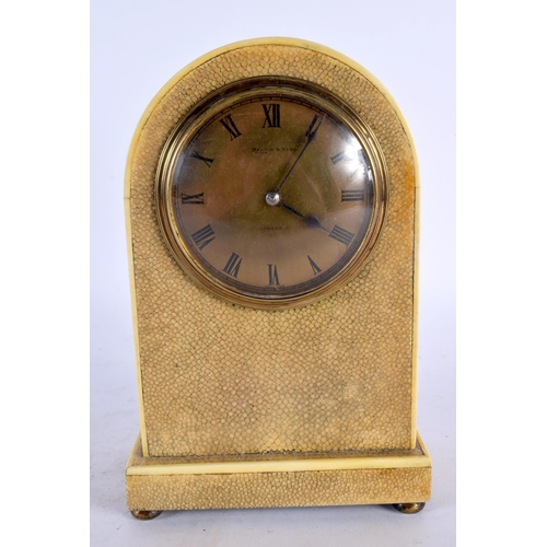 452 - A LOVELY ART DECO ENGLISH MAPPIN & WEBB HUMP BACK SHAGREEN MANTEL CLOCK with circular brass dial. 22... 