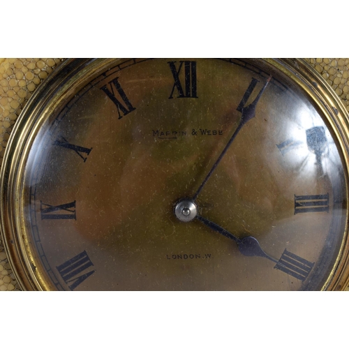 452 - A LOVELY ART DECO ENGLISH MAPPIN & WEBB HUMP BACK SHAGREEN MANTEL CLOCK with circular brass dial. 22... 