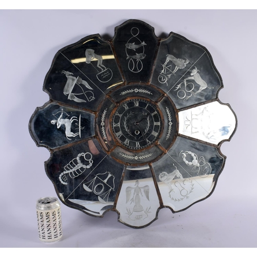 453 - A VERY UNUSUAL EARLY 20TH CENTURY CONTINENTAL MIRRORED GLASS ZODIAC CLOCK decorated with figures in ... 