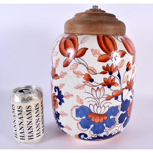 46 - AN UNUSUAL ANTIQUE MASONS IRONSTONE JAR LAMP painted with imari foliage. 28cm x 18cm.