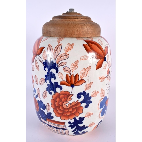 46 - AN UNUSUAL ANTIQUE MASONS IRONSTONE JAR LAMP painted with imari foliage. 28cm x 18cm.